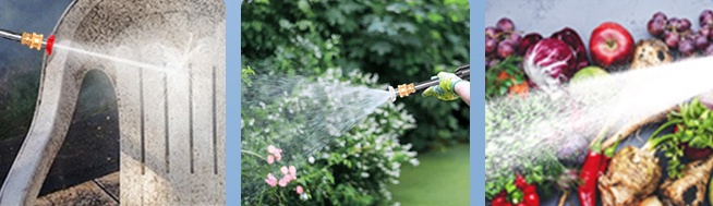 Verwenden Sie den schnurlosen Hochdruckreiniger, um Flecken abzuspülen, Blumen zu gießen und Früchte zu waschen.