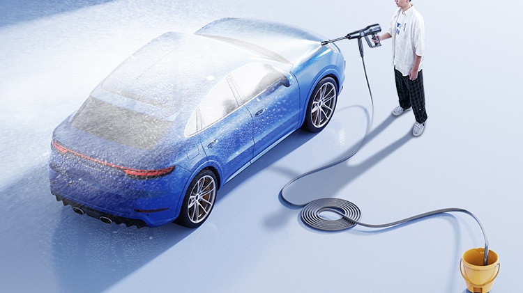 A man washes his car with a cordless pressure washer attached to a bucket