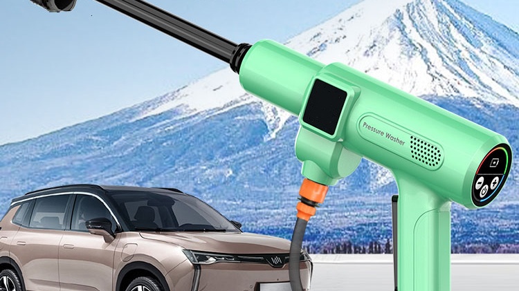 Green cordless pressure washer and car